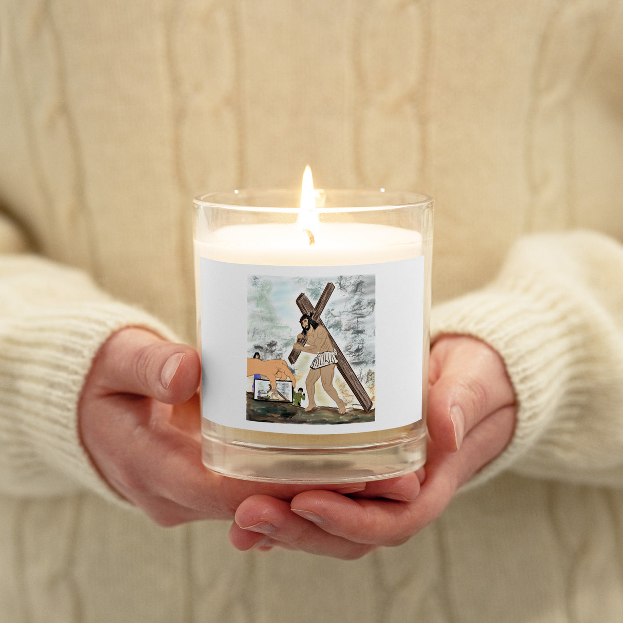 CARRYING THE CROSS votive glass jar soy wax candle